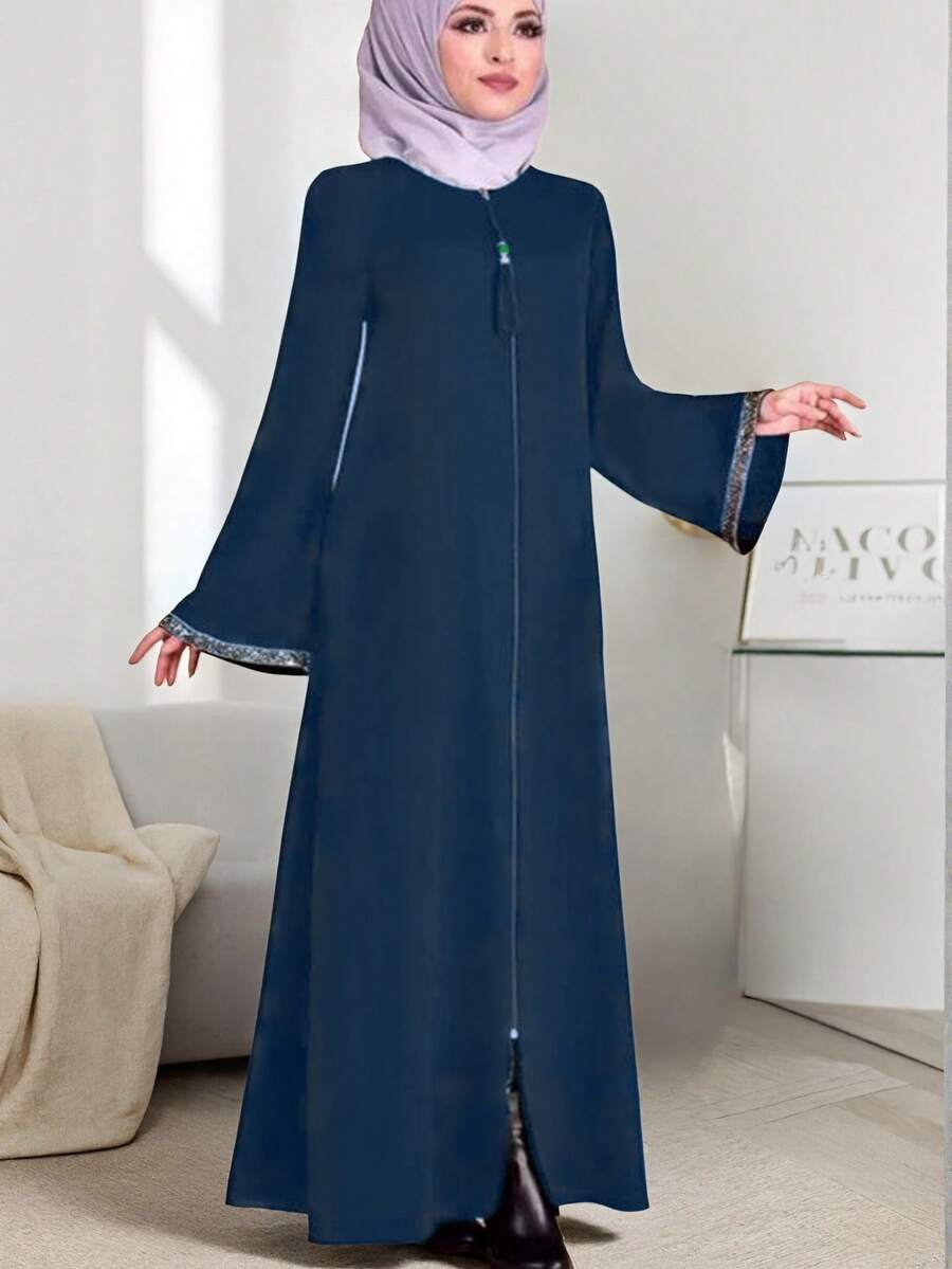Casual Loose Fit Women's Round Neck Zip-Up Robe Dress Spring