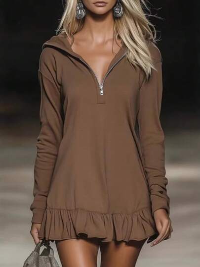 Vestido mini con capucha manga larga marrón holgado estilo casual y moderno con volantes
