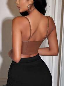 Apperloth A Y2K Style Spaghetti Strap PU Leather Front Slit Bodycon Bustier Crop Top, Suitable For Women To Wear At Christmas, Thanksgiving, New Year Parties - Brown - View 2