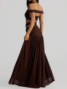 Look Polly 女士两件套夏季套装，性感迷人的露肩短款上衣搭配棕色长裙，适合情人节、狂欢节、休闲、海滩、度假等场合穿着。 - 深棕色 - 查看 2