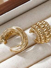 2 pièces Set de boucles d'oreilles clip asymétriques géométriques vintage torsadées, convient pour le quotidien, les trajets, les sorties, les vacances, la Saint-Valentin, les anniversaires, les cadeaux de fête - Doré - Voir 3