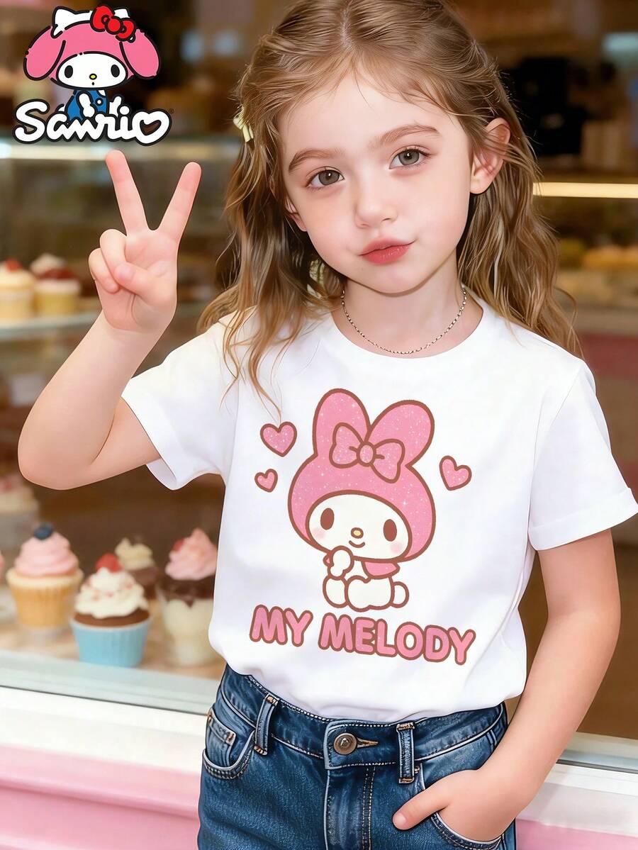 SANRIO Girls' Clothing Summer Children's Clothing Round Neck Short Sleeve - Melody - Printed Pattern T-Shirt, Children's Girls' Clothing, Cute Top, 180g Polyester Soft Fabric, Suitable As A Gift For Children - 白色 - 查看 1
