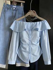 ii Women's Elegant Off-Shoulder Ruffle Hem Pleated Solid Color Blouse - Blue - View 1