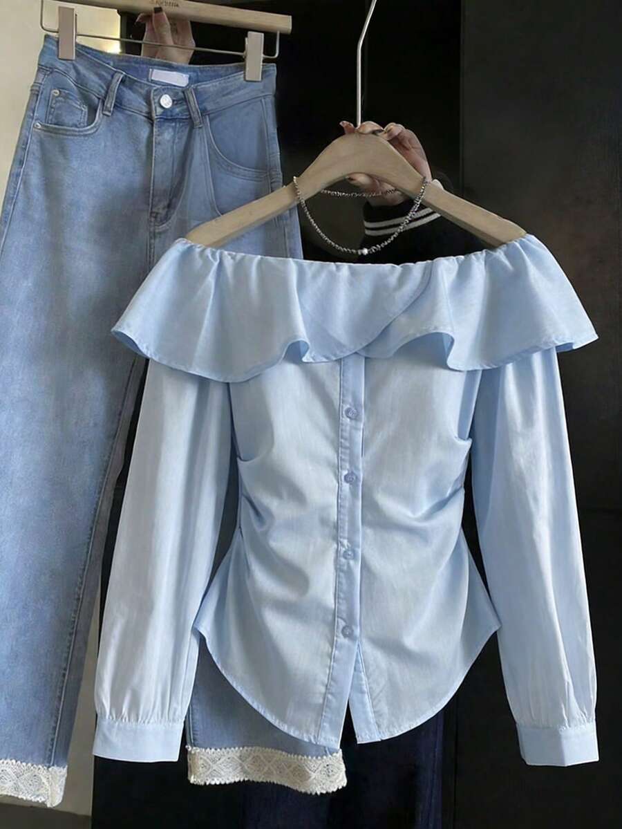 ii Women's Elegant Off-Shoulder Ruffle Hem Pleated Solid Color Blouse - Blue - View 1