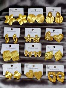 24 件套 - （随机款式）不锈钢金色耳环，优雅风格，低过敏性不锈钢耳环套装，送给女性朋友的完美耳饰礼物。 - 均碼 - 查看 1