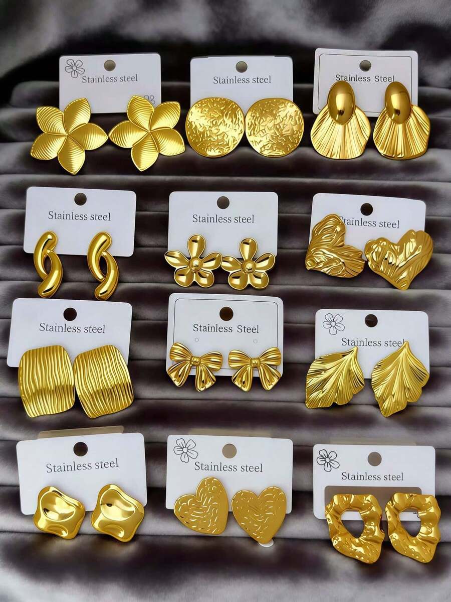 24 件套 - （随机款式）不锈钢金色耳环，优雅风格，低过敏性不锈钢耳环套装，送给女性朋友的完美耳饰礼物。 - 均碼 - 查看 1