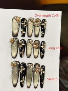 10片手工加长棺材形/椭圆形/尖头美甲贴纸，适合派对和日常佩戴，“金色盛宴”复古大理石纹、裂纹、钻孔裂纹和闪亮猫眼图案，加长棺材形/椭圆形/尖头美甲贴纸，易于粘贴，10片Y2K风格手工美甲贴纸，适合女孩和女士参加派对和日常佩戴 - 玫瑰金 - 查看 12