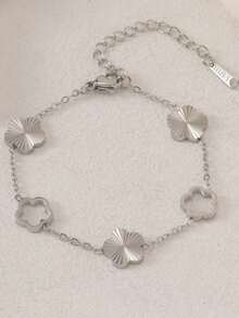 1 pieza Brazalete de flor con cristal hueco de moda, joyería ajustable hecha a mano de acero inoxidable pulido - Plateado - Ver 1