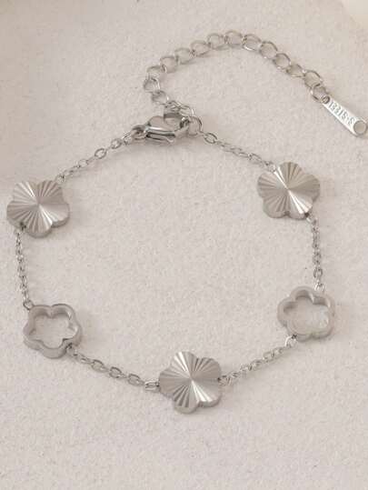 1 pieza Brazalete de flor con cristal hueco de moda, joyería ajustable hecha a mano de acero inoxidable pulido