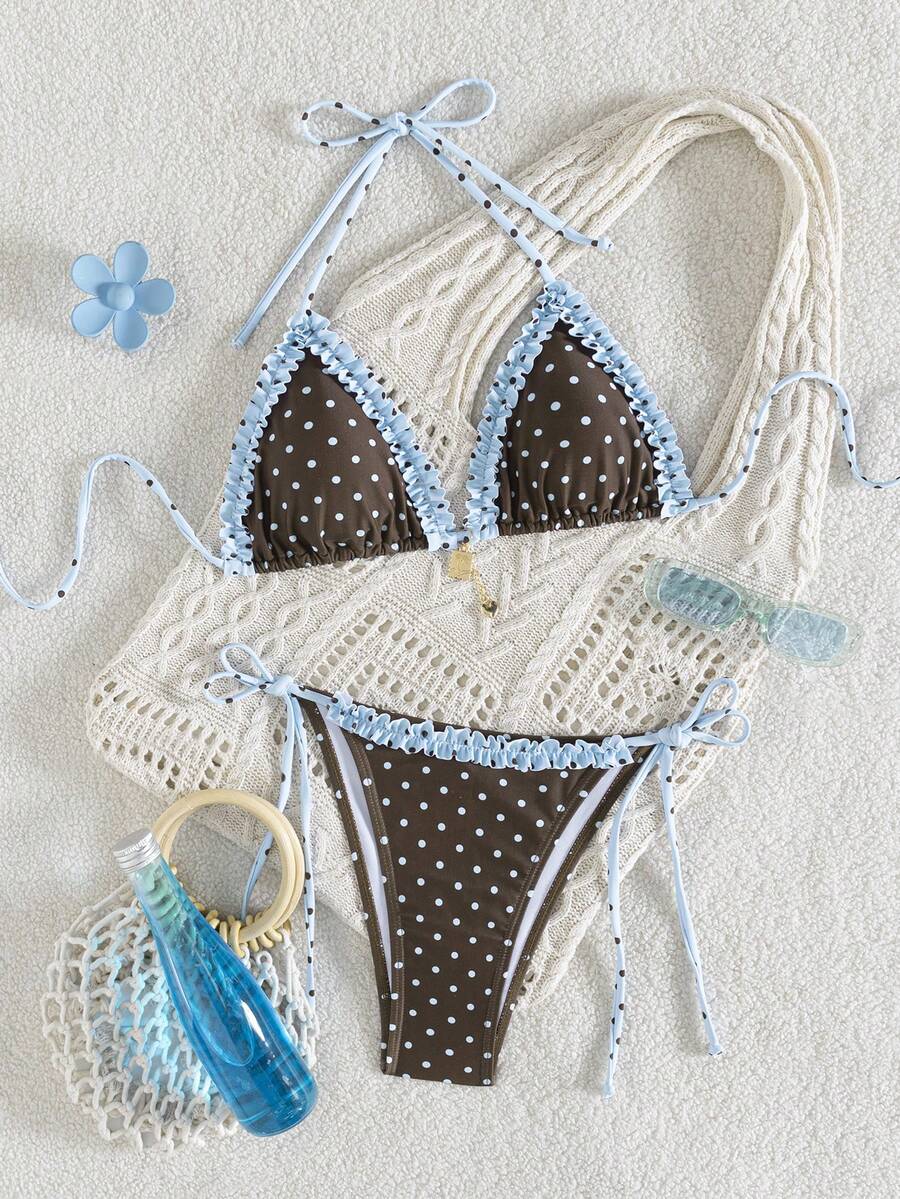 wohenmeili 2026 波点印花荷叶边比基尼套装，度假沙滩 - 棕底藍點+藍棕點邊 - 查看 1