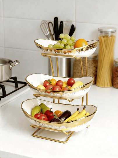 Gold Trim 3-Tier Ceramic Fruit Bowl With Metal Stand, White Smooth Finish Tiered Fruit Basket For Kitchen Countertop - Snack, Bread, Candy Display & Storage, Modern Fruit Holder, Decorative Kitchen Organizer