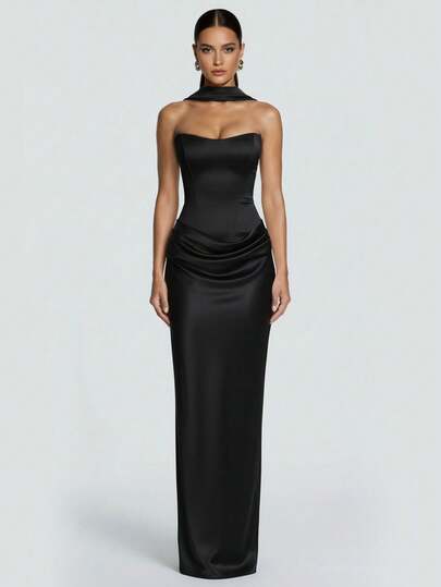 Cornelia Women's Sexy Spaghetti Strap Fitted Long Dress, Summer Satin Pleated Dress With Tie Back, Elegant For Birthday Party, Black