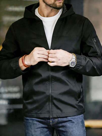 Men's Lightweight Hooded Zip-Up Jacket, Minimalist Long Sleeve Outdoor Sports Jacket, Suitable For Outdoor Activities