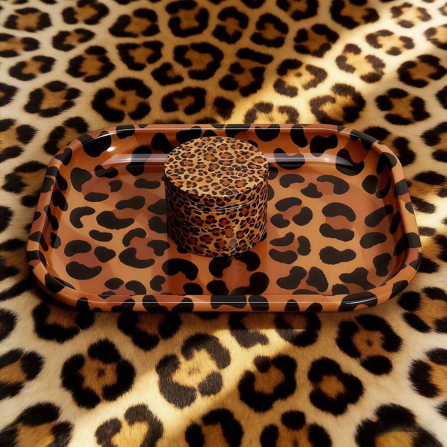OFFPUFF 2 Pieces Leopard Print Rolling Tray And Herb Grinder Set - Beo - Xem 1