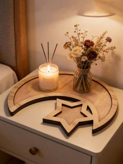 Wooden Star & Moon Decorative Tray, Dessert Tray - Handmade Wooden Craft, Suitable For Indoor Decor, Birthday Party And Holiday Celebration