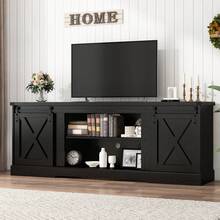 Farmhouse TV Stand For 70/75/80 Inch TV, 70 Inch Entertainment Center Storage Cabinets With Sliding Barn Doors, Media Console Cabinet For Living Room - 黑色 - 查看 3