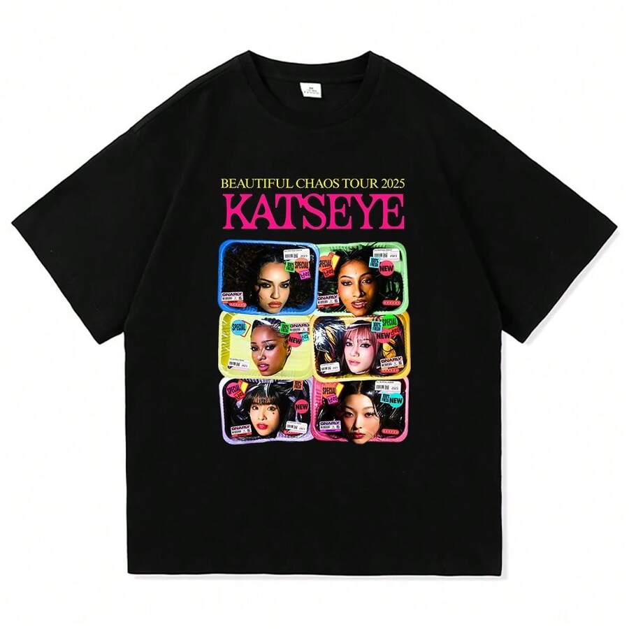 2026 Spring/Summer KATSEYE New Single Network Girl Retro Men's And Women's Authentic High-Quality Cotton T-Shirt - 黑色 - 查看 1