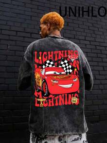 Disney UNIHLO  Lightning Mcqueen  Printed Summer Heavyweight Retro Washed Street Fashion Casual T-Shirt - 黑色 - 查看 2