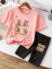 2件套可爱水豚和星星印花T恤+黑色裤子，宽松透气春夏大童套装 - 彩色 - 查看 1