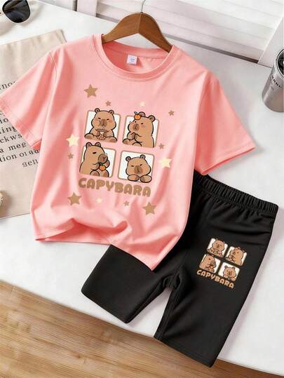 2pcs/Set Cute Capybara & Star Print T-Shirt + Black Pants, Loose Breathable Spring/Summer Outfit For Big Girls