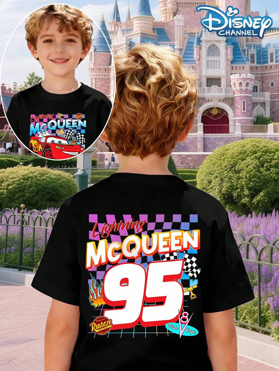 Disney Boys' T-Shirt With Lightning McQueen 95 Racing Car Print, Cartoon Animation, Casual And Fashion Summer Outdoor Play Style, Round Neck Short-Sleeved Shirt, Cool Racing Top, Suitable For School, Shopping, Parties, Etc., Comfortable To Wear. - màu đen - Xem 1