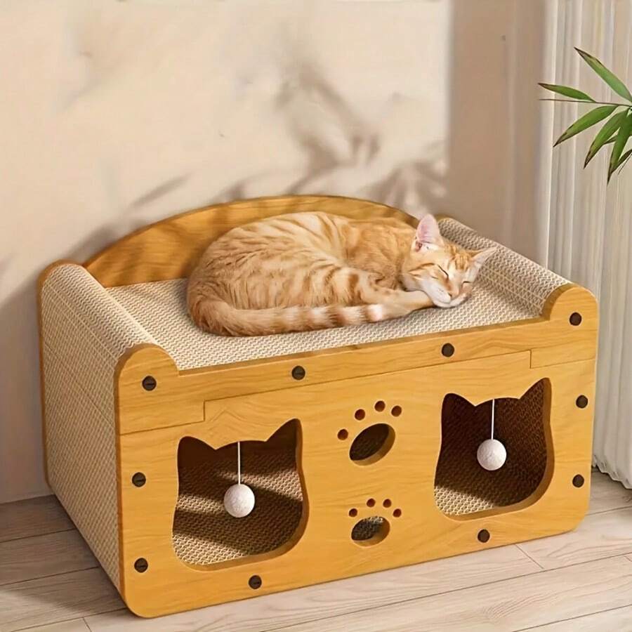 A 2-In-1 Cat Scratching Post And Cat Bed Set, A Multi-Functional Cat Sofa, A Scratching Post That Can Be Used In 4 Seasons, Made Of Sturdy Cardboard, With Multi-Layer Scratching Posts And Hanging Toys, An Interactive Playhouse For Kittens And Adult Cats, A Space-Saving Cardboard Cat Tree For Small Apartments, Easy To Assemble, Comes With Pom-Pom Toys, A Cat House/Cat Bed - An Indoor Cat Habitat, High-Quality Pet Furniture, Suitable For Multiple Cats. - 51*27*30CM - Xem 1