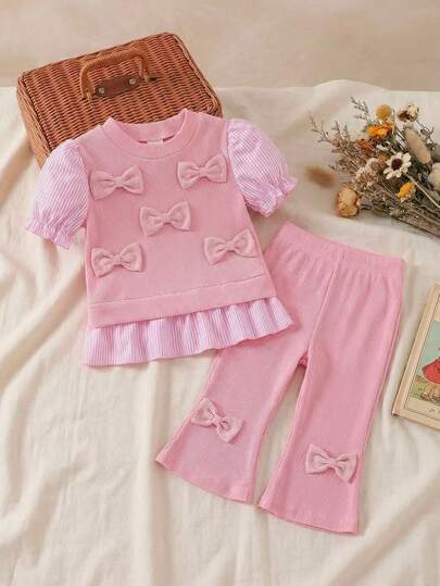 2pcs/Set Baby Girl Striped Shirt With Bow Decor And Bell-Bottom Pants Casual Outfit, Suitable For Spring/Summer, Cute & Fashionable