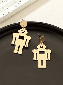 1对2026新款金色机器人卡通可爱镂空吊坠耳环，简约百搭光滑表面日常佩戴饰品 - 機器人耳環 - 查看 3