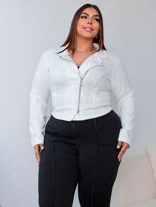 Jaqueta feminina casual elegante de camurça com zíper, mangas regulares na altura do pulso e gola decotada - Branco - Visão 5