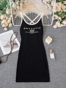 2026 Spring Summer Women's Sleeveless Dress - Elegant Casual Sweet Letter Print Ribbed Bodycon Cami Dress For Daily Hangout Party - Black - View 9