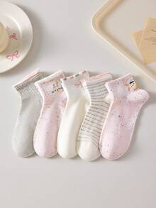 4 pares de calcetines de tobillo para mujer con diseño de conejo y lazo, transpirables y lindos, calcetines invisibles tipo barco, en colores blanco y rosa, adecuados para uso casual diario, colores aleatorios, aptos para primavera, verano, otoño e invierno - Ver 4