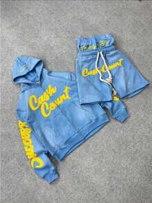 Fall And Winter Vintage Letter Hooded Zipper Sweatshirt Jacket -Only Jacket Without Trousers - Màu xanh lam - Xem 2