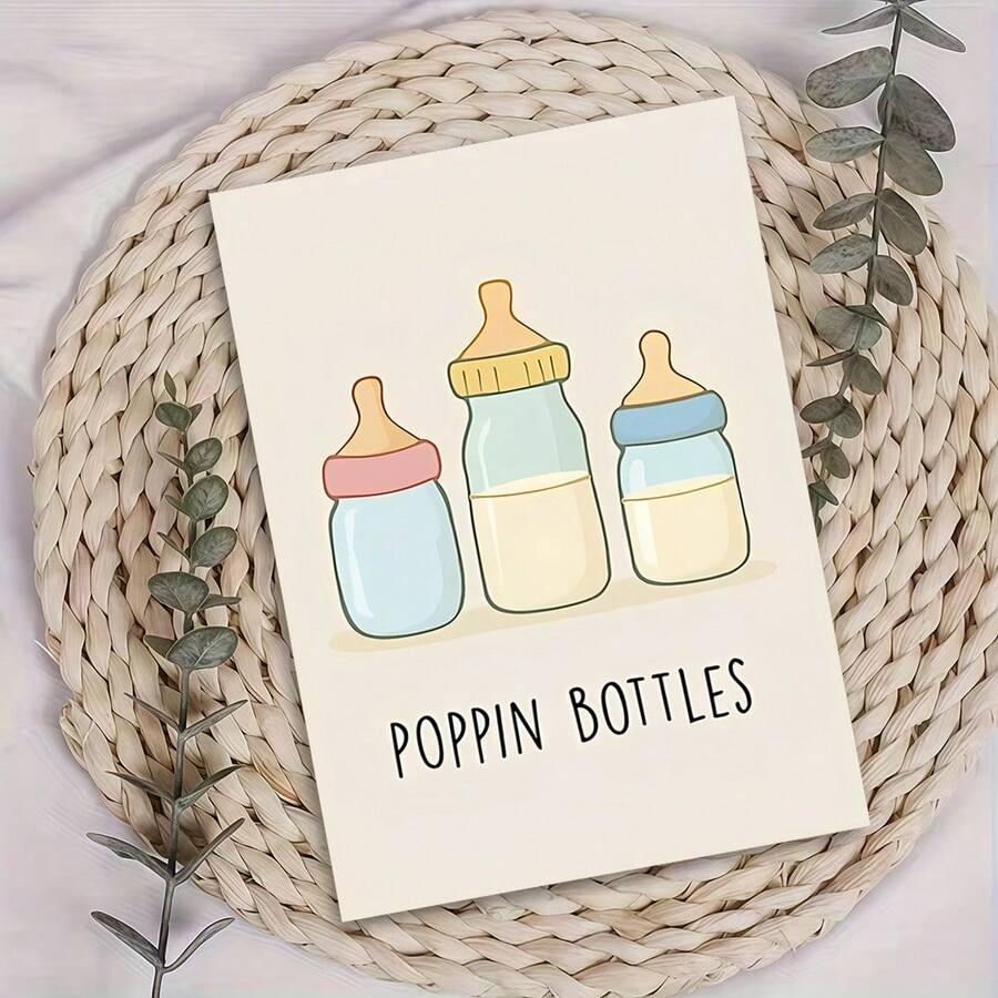 1张“趣味‘奶瓶砰砰’婴儿派对贺卡”——欢快的庆祝贺卡，柔和的奶油色背景，三个可爱的奶瓶插图，巧妙的双关语祝福语，附赠信封，内页空白可供书写个人留言，是送给新手父母、准爸妈的完美礼物，可用于庆祝婴儿派对、宝宝出生公告或迎接新生儿，充满轻松愉悦的奇思妙想，将柔美的艺术与温暖的爱意完美融合。 - 單件 - 查看 1