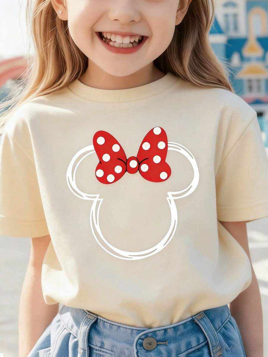 1pc Disney Minnie Mouse Minimalist Line Art Print With Classic Red Bow Tween Girl Casual Everyday T-Shirt, Comfortable & Versatile, Perfect For School & Hangouts - Màu be - Xem 1