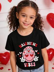 Camiseta de manga corta con estampado de corazón, letra y cara sonriente para el Día de San Valentín de niñas - Negro - Ver 3