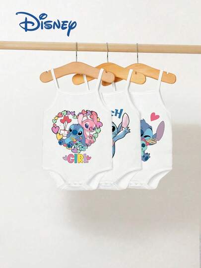 Disney Cute Baby Girl 3-Piece Set Stitch & Angel Heart Print Bodysuit Outfit, Basic Solid Color Snap Button Sleeveless Bodysuit, Suitable For Playground, Outdoor, Vacation