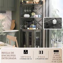 Muebles de cocina, vinoteca con luces LED, barra de bar para el hogar, con toma de corriente, botellero de cinco niveles para copas de vino, mueble de almacenaje, ideal para comedores, salas de estar y despachos - Gris - Ver 4