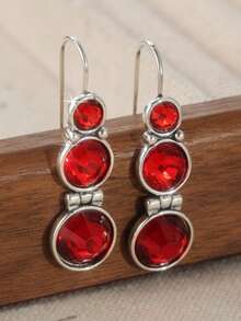 Boucles d'oreilles pendantes rondes géométriques rétro minimalistes, incrusté de zirconium synthétique rouge. Bijoux exquis et charmants pour femmes, convenant pour un port quotidien et en cadeau - Rouge - Voir 3