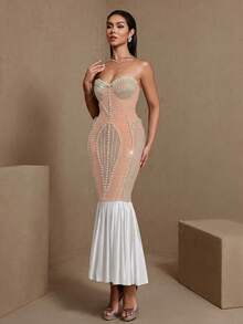 Pearl Patchwork Sexy Backless Mesh & Rhinestone Embellished Evening Gown, Suitable For Party, Date Night, Cocktail, Wedding Guest, Valentine's Day - White - View 3