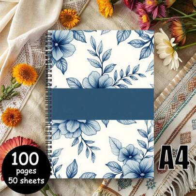 A4 Size Minimalist Blue Floral Spiral Lined Notebook, Fresh And Elegant Style, Ideal Companion For Daily Writing, Recording Inspiration, Suitable For Various Occasions Such As Work Planning, Life Recording, And Capturing Creativity. High-Quality Paper Provides A Smooth Writing Experience, Adding A Touch Of Literary Elegance To Your Life. Suitable As A Gift For Family, Friends, Colleagues, Boyfriend, Valentine's Day.