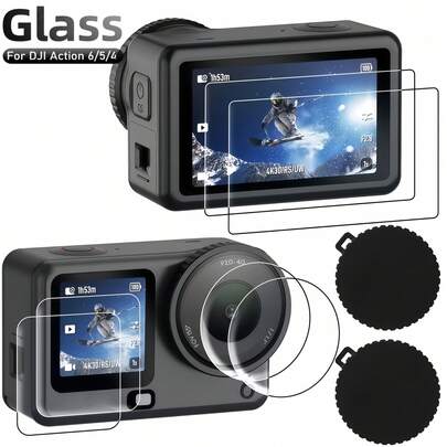 适用于 Osmo Action 6/5 Pro Action3/4 的 8 合 1 套装，包含前后屏幕钢化玻璃保护膜 + 镜头保护盖，适用于 Action 6/5/4/3 配件，超清晰钢化玻璃保护膜，防刮擦，无气泡，经久耐用，套装包含 6 片钢化玻璃保护膜 + 2 个硅胶镜头盖，适合视频博主、创作者和摄影爱好者。
