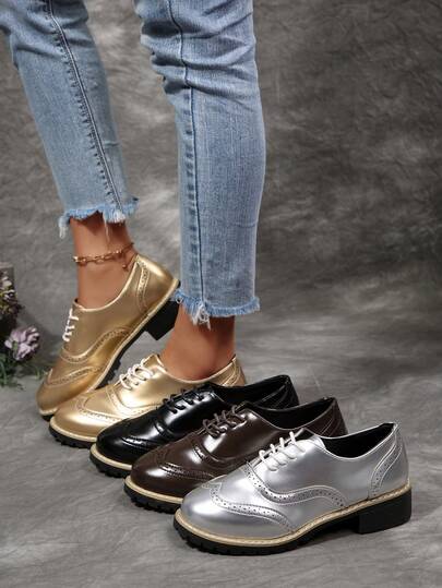 Women's Fashion Brogue Shoes, Versatile Lace-Up Casual Shoes, Thick Sole Sneakers