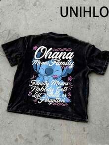 Disney UNIHLO   Stitch  Printed Summer Heavyweight Retro Washed Street Fashion Casual T-Shirt - Black - View 3