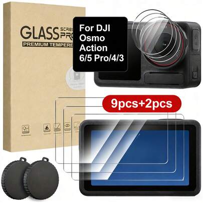 [9+2] Pcs Screen Protector Kit For Osmo Action 6/5 Pro/4/3, Including 9 Pcs Tempered Glass Screen Protectors For Front & Back Screens, And 2 Pcs Lens Protector Caps. Full Protection, HD Clear, Sensitive Touch, Anti-Scratch And Anti-Fingerprint. Outdoor Sports Camera Accessories. High Definition, Screen Protectors, Protector Kit, Lens Caps, Suitable For Vloggers, Creators, And Photography Enthusiasts.