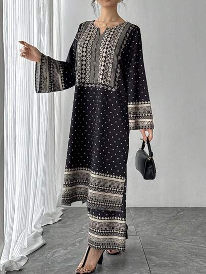 2pcs Set: Black Polka Dot Geometric Print V-Neck Long Sleeve Maxi Dress + Geometric Print Elastic Waist Wide Leg Pants Elegant Ladies Suit, Luxury Green Formal Evening Gown, Perfect Gift For Mom, Daughter, Friend For Holiday, Party, Daily Wear