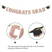 Congrats Grad Banner Decorations - Hanging Glitter Graduation Banner With Cap Garland Sign Bunting For Class Of 2026 Photo Backdrop College High School Grad Party Supplies In Rose Gold - -rose Gold- - View 3
