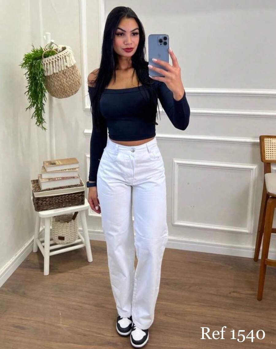 White Wide-Leg Jeans, Casual Style, Button-Down Pockets, Zipper Closure, Perfect For Everyday Wear. - trắng - Xem 1