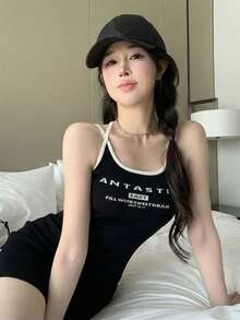 2026 Spring Summer Women's Sleeveless Dress - Elegant Casual Sweet Letter Print Ribbed Bodycon Cami Dress For Daily Hangout Party - Black - View 8