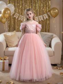 少女粉色亮片网纱袖优雅公主裙，适合女孩生日派对、舞会、婚礼、花童、毕业典礼等场合。 - 粉色 - 查看 11