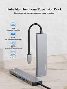 Hub tipo C 6 en 1, compatible con carga rápida PD de 100W, ranuras duales para tarjetas SD/TF, transferencia de archivos de alta eficiencia, estación de acoplamiento multifuncional portátil - Plateado - Ver 2